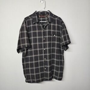 Johnston & Murphy Silk Shirt Mens XL Black Grid Print Short Sleeve Button Up